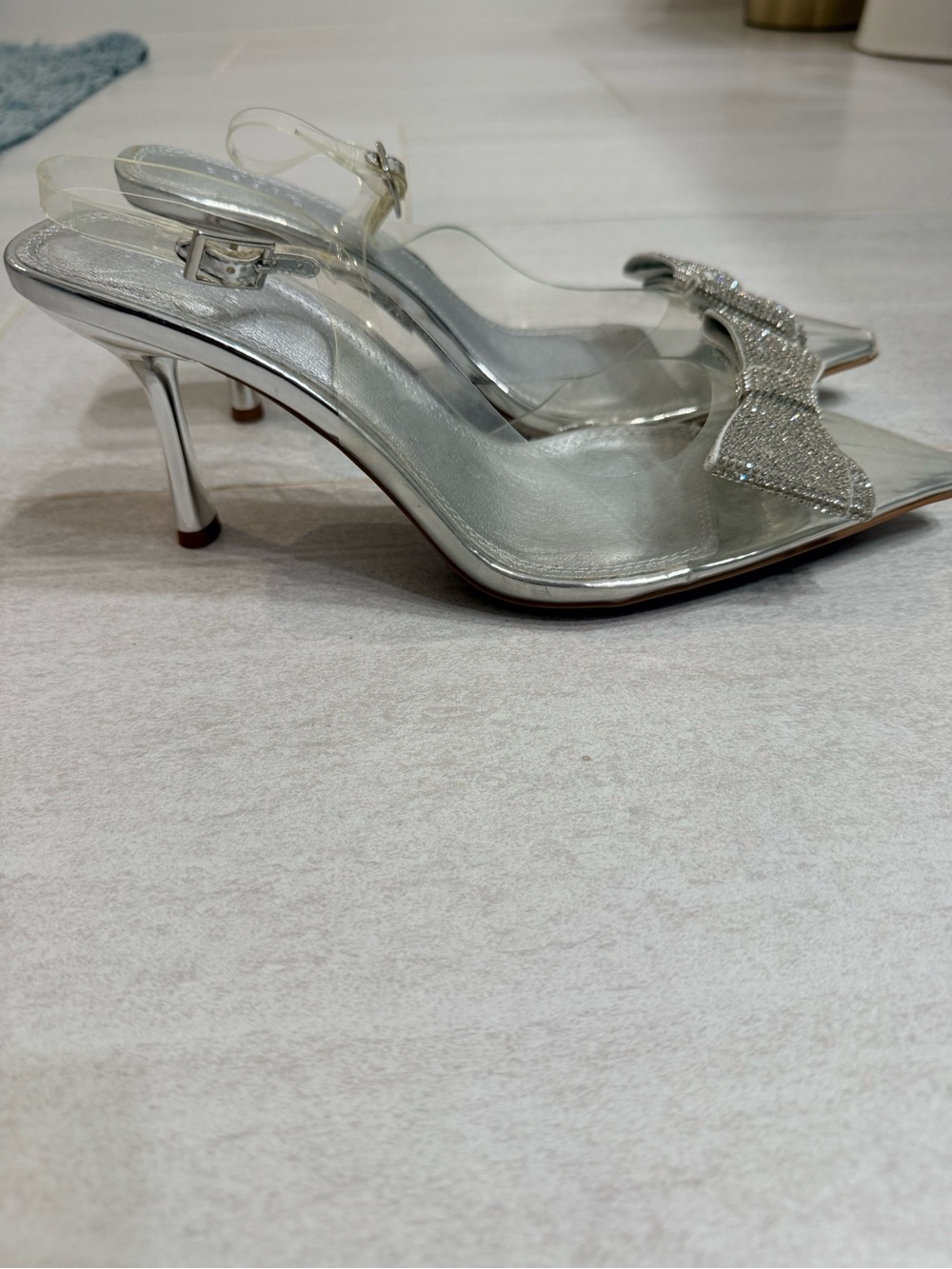 ASOS Silver Rhinestone Bow Pointed Slingback Heels - Picture 2 of 5